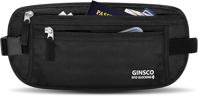 Money Belt for Travel Women Hidden Ginsco Slim RFID Blocking Passport Holder Unisex Travel Money Belt Under Clothes Anti Theft Travel Hidden Wallet for Travelling Workout Running Black 11''