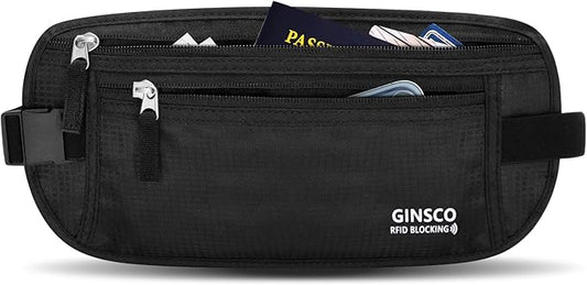 Money Belt for Travel Women Hidden Ginsco Slim RFID Blocking Passport Holder Unisex Travel Money Belt Under Clothes Anti Theft Travel Hidden Wallet for Travelling Workout Running Black 11''
