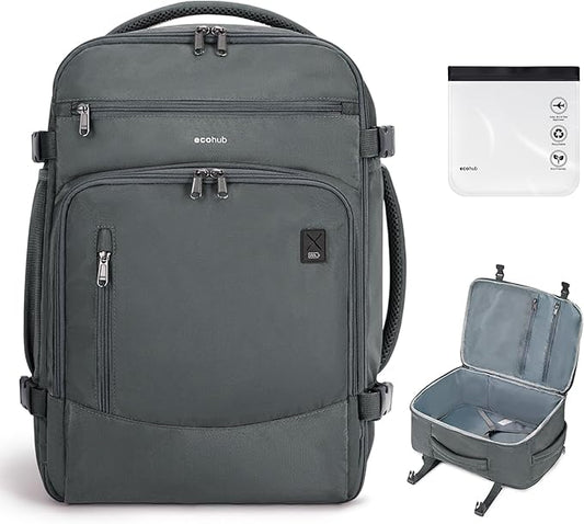 ECOHUB Travel Backpack for Men, 18x14x8 Spirit Airlines Personal Item Bag with Clear Toiletry Bag, Laptop Carry on Backpack with USB Port, Airline Approved Under Seat 14 Pockets 30L, Grey