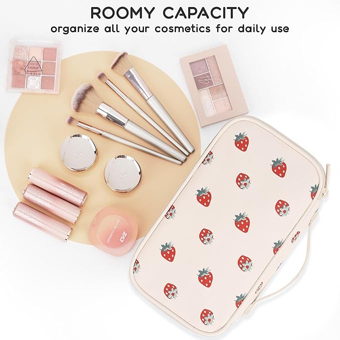 Relavel Makeup Bag, Small Makeup Bag for Women, Travel Cosmetic Bag, 2 Layers Waterproof Makeup Organizer Storage with Makeup Brush Holder, White Straberry