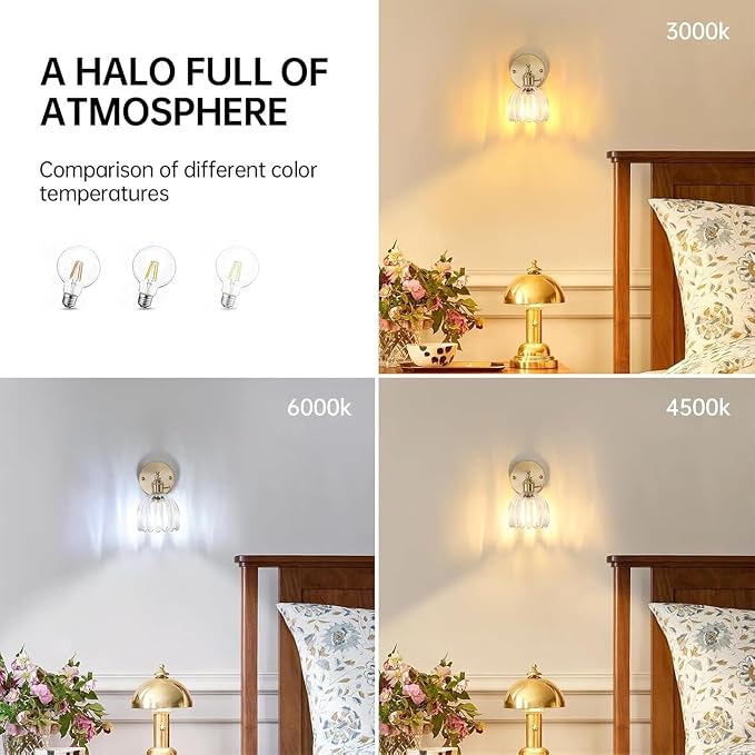 Shenmoyl Vintage Wall Sconces with Transparent Tulip Glass Lampshade 180 Degree Adjustable Brass Sconces Hradwired Modern Wall Lighting Fixture with Switch for Bedside Bedroom Doorway