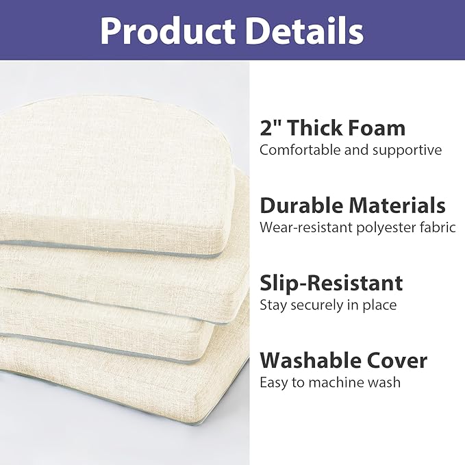 Chair Cushions for Dining Chairs with Ties and Removable Cover, Dining Kitchen Chair Pads with Non-Slip Bottom, High-Resilience Indoor Seat Cushions, 16'' x 16'' x 2'', Set of 2, Beige