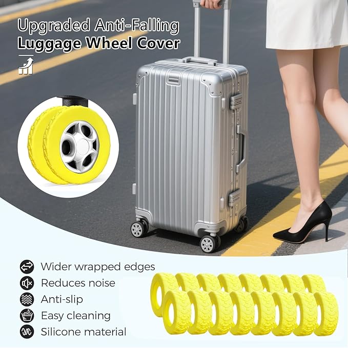16-Pack Luggage Wheel Covers, Luggage Wheel Protector Covers for 2-2.4 inches Wheels Suitcases，Anti-Scratch & Noise Reduction Design, Silicone MaterialDurable Travel Case Accessories(16, Yellow).