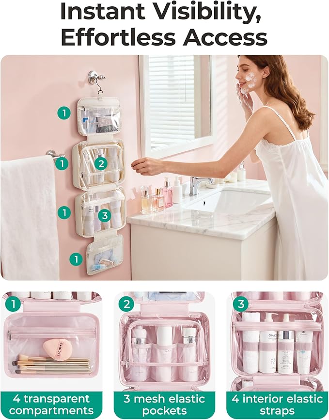 BAGSMART Travel Toiletry Bag for women, Portable Hanging Hook Makeup Bag Organizer, Waterproof Makeup Cosmetic Bag, for Full-Size Accessories, Toiletries, Dusty Rose