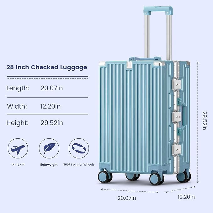 Zipperless Suitcase, 28 Inch Checked Luggage, Hardshell Aluminum Frame Polycarbonate Luggage with Phone Holder, Cup Holder, Charging Port, TSA Lock, Spinner Wheels for Vacations, Blue