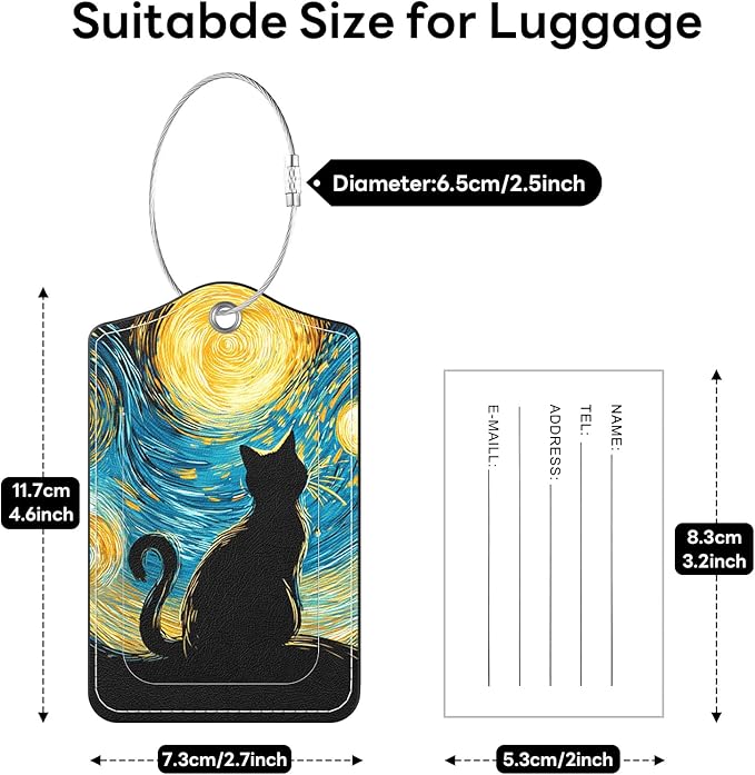 2 Pack PU Leather Luggage Tags for Suitcases, Privacy Protection Cover with Stainless Steel Loop and Address Card, Travel Cruise Essentials (Starry Cat)