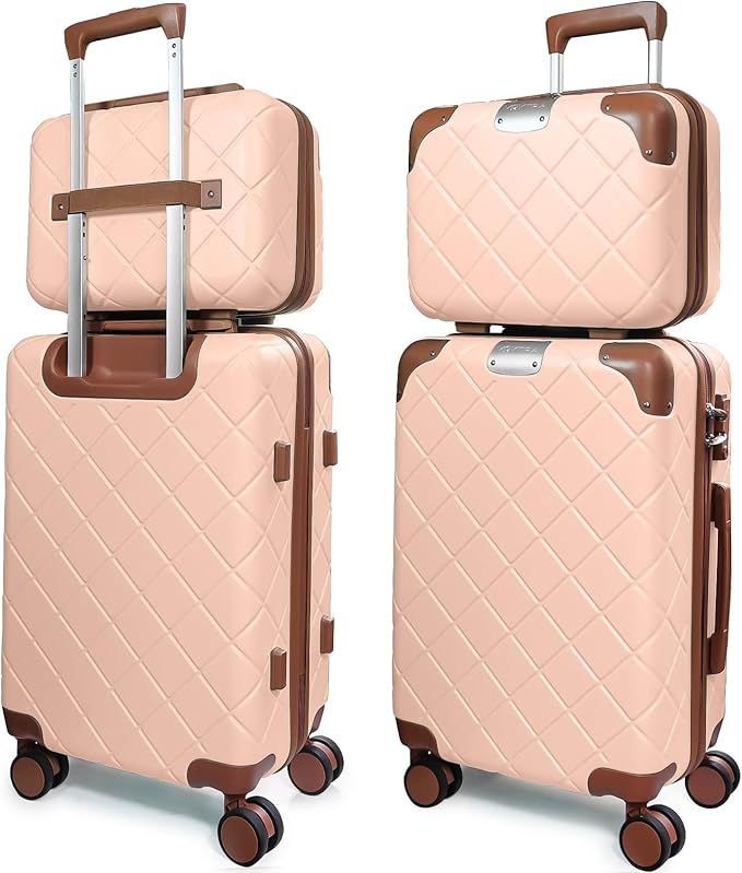 Lightweight Carry on Luggage 22x14x9 Airline Approved Suitcases with Wheels YKK Zipper TSA Lock, 2 Piece Luggage Set for Weekend Getaways & Travel Business (14/20 Pink)