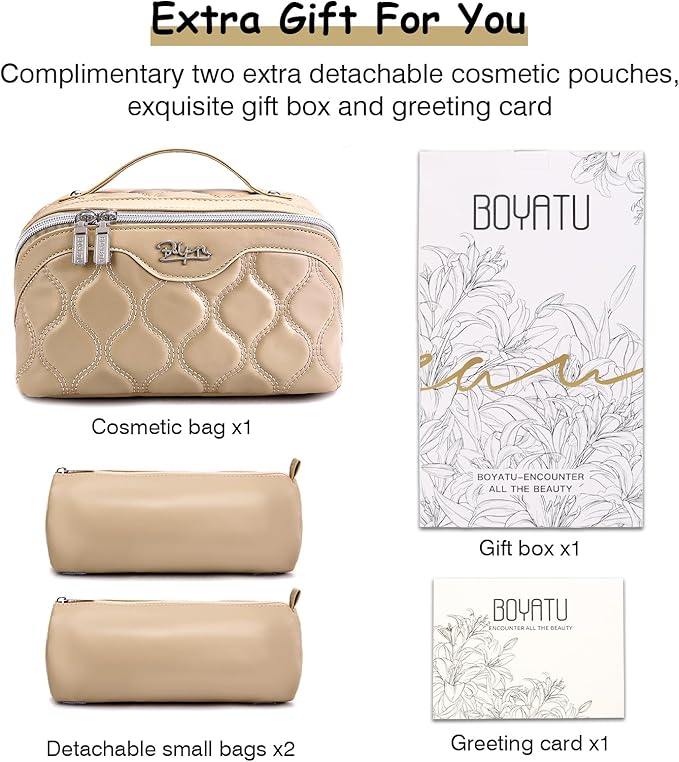 BOYATU Travel Makeup Bags for Women Cosmetic Bag: Puffy Make up Bags Set of 3 - Vegan Leather Makeup Organizer - Waterproof Large Toiletry Bag with Compartments - Travel Essentials (H-2-Khaki)