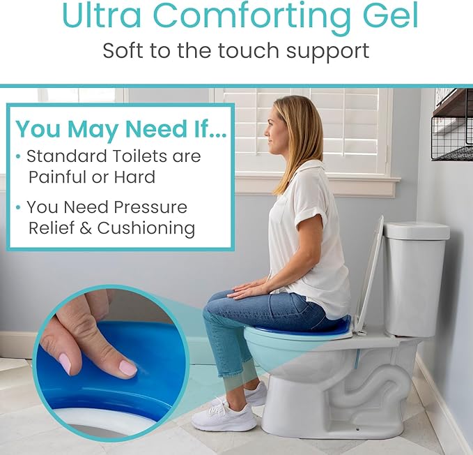 Vive Gel Toilet Seat Cushion Cover - Raised Padded Riser Cushion for Elongated, Standard, and Commode Chairs- Seat Warmer Pressure & Pain Relief Comfort- Adhesive Donut Pad for Elderly, Seniors (Blue)
