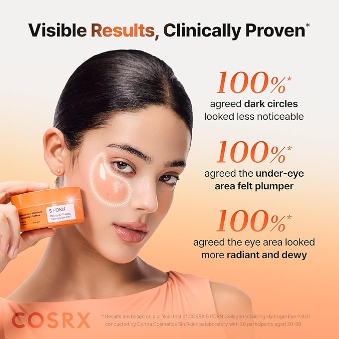 COSRX 5-PDRN Complex Collagen Gel Eye Patches for the look of Dark Circles and Uneven tone, Radiance Care for Tired Under-Eyes with Salmon DNA & Vitamin C, Korean Skincare, 60 Under Eye Patches