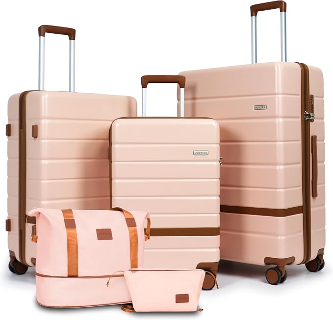 5-Piece Luggage Set for Family Travel: Lightweight Hardshell Suitcases (20/24/28 Inch, Plus Underseat & Tote) | 8 Spinner Wheels, TSA Lock & YKK Zippers | Durable PC+ABS Construction in Pink