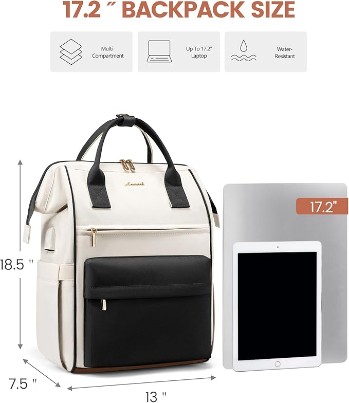 LOVEVOOK Laptop Backpack for Women 17.3 Inch, Travel Backpack with USB Charging Port Large Capacity Laptop Bag, Waterproof Bag for Business College Airline Approved Work Backpack(White Black)