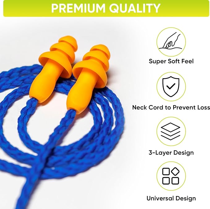 TICONN 12 Pairs Reusable Silicone Ear Plugs for Sleeping Noise Cancelling, Individually Wrapped 25dB NRR Corded Earplugs for Study Concentration Travel (12 Pairs)