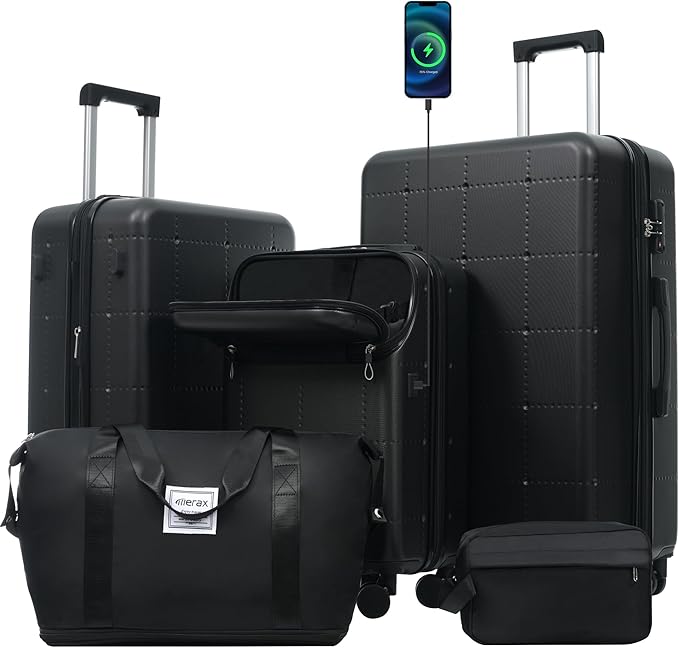 Merax Luggage Sets 5 Piece, Hardside 20" Half-opening Carry On Suitcase Set with USB Port,Lightweight Travel 24" 28" Luggage with Bags TSA Locks Double Spinner Wheels,Black