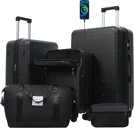 Merax Luggage Sets 5 Piece, Hardside 20" Half-opening Carry On Suitcase Set with USB Port,Lightweight Travel 24" 28" Luggage with Bags TSA Locks Double Spinner Wheels,Black