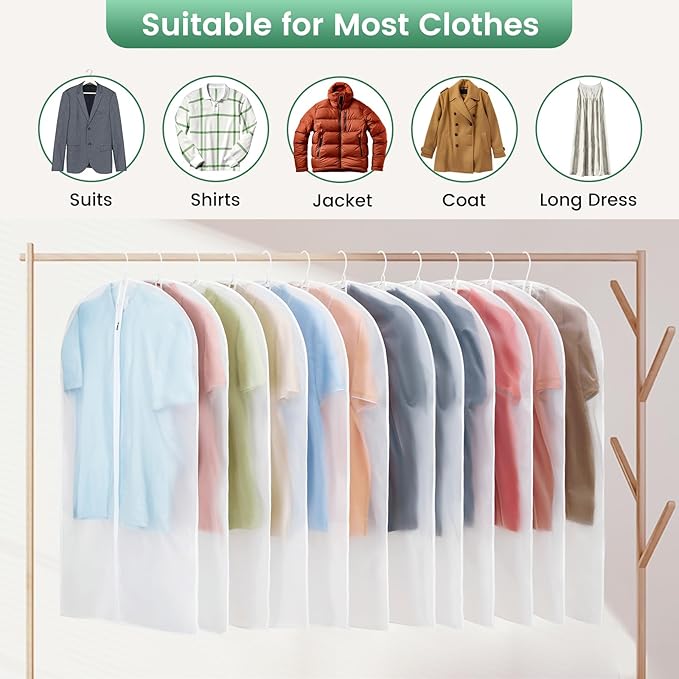 Carbrea 12 Pack Garment Bags for Hanging Clothes - Translucent Suit Bag for Closet Wardrobe Storage Travel - 24" x 42"