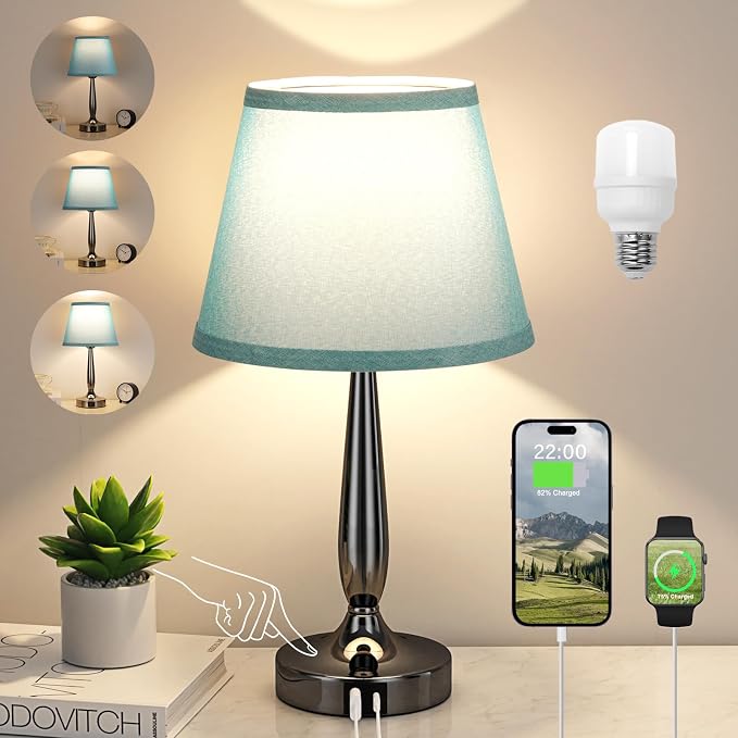 Touch Bedside Lamp for Bedroom with USB C Port, Small Touch Table Lamp with 2 USB Charging Ports, 3 Way Dimmable Nightstand Lamp for Living Room and Office - Turquoise Blue (LED Bulb Included)