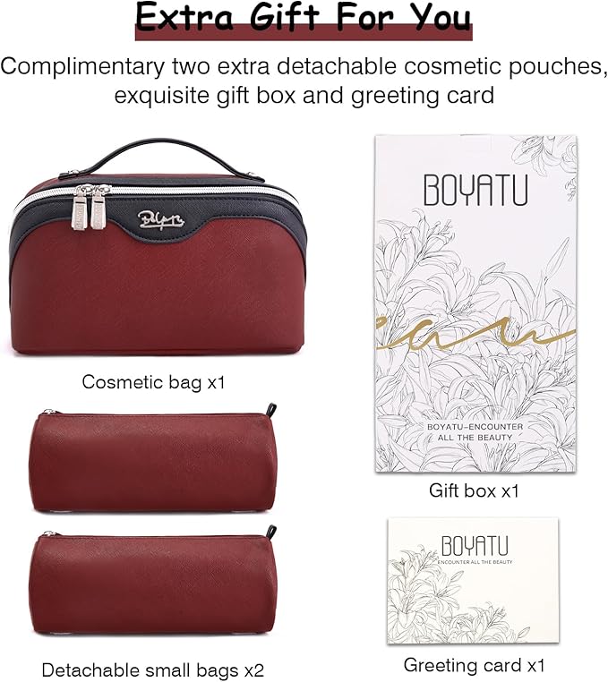BOYATU Travel Makeup Bag Organizer Cosmetic Bag: 3 Pcs Set Make up Bags for Women with Handle - Waterproof Vegan Leather Toiletry Bags Travel Essentials Pouch with Compartments (A-04-Red)