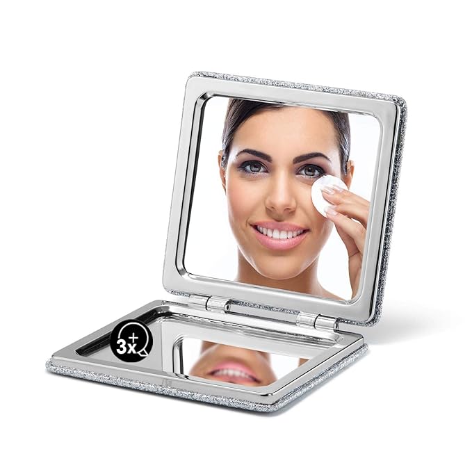 OMIRO Compact Mirror, Glitter PU 1X/3X Magnification, Ultra Portable for Purses (Silver)