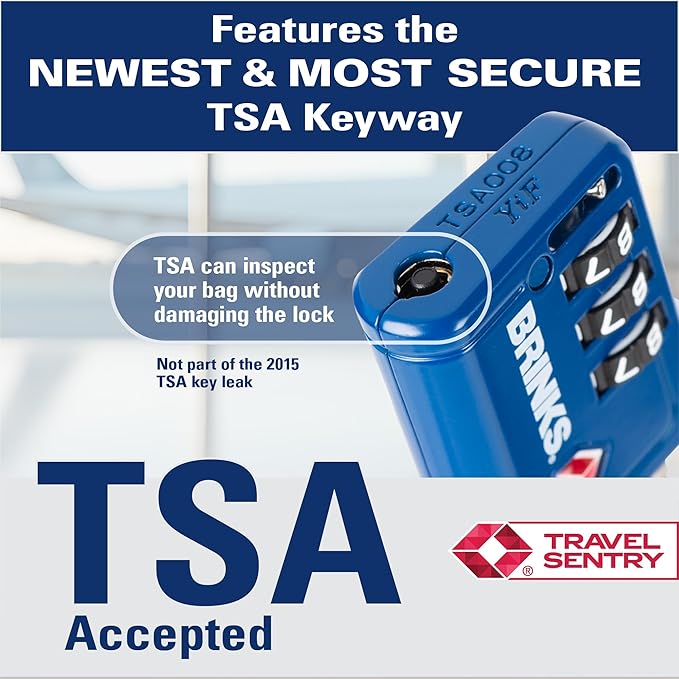 Brinks TSA Accepted Indicator Luggage Lock, Blue - Resettable 3-Dial Combination, 2.5 inch Long Cable Shackle, New More Secure TSA008 Key, 2 Pack