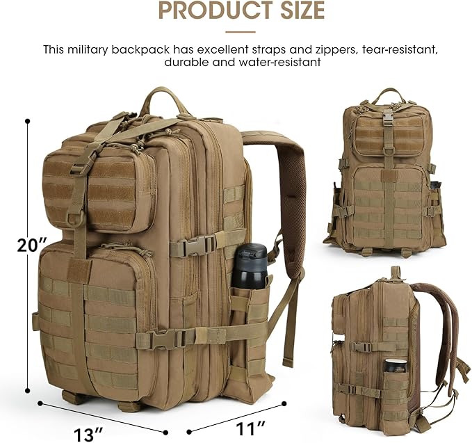 REEWBOW GEAR 40L Military Tactical Backpack For Men 3 Day Survival Heavy Duty Daypack MOLLE Bug Out Bag Hiking Rucksack (Tan with Bottle Holder)
