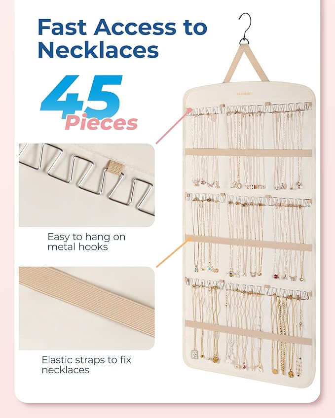 BAGSMART Hanging Jewelry Organizer, Necklace Holder Anti-tangle Earrings Rings Hanger with Pockets Hang on Closet, Wall, Door,1 Piece, Extra Large Beige