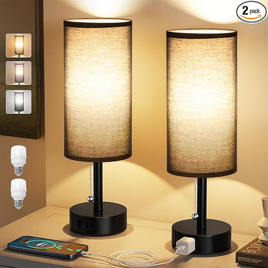 Black Bedside Table Lamps Set of 2 - Bedroom Lamp for Desk, AC Outlet | 3CCT(3000K/4000K/5000K), LED Bulbs Included, Black Fabric Lampshade, 14in Small Lamp for Nightstand, Guest Room, Living Room