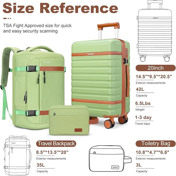 Luggage Sets 3 Piece with Spinner Wheels, Lightweight PC Hardside Suitcase with TSA Lock & YKK Zippers, 20 Inch Carry On Luggage with Travel Bag for Men and Women, Avocado Green