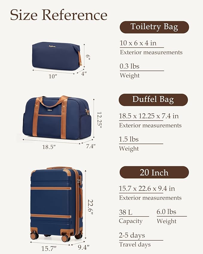 LONG VACATION Carry On Luggage Set 3 Piece, 20 Inch ABS+PC Hardshell Carry on Suitcase with Spinner Wheels TSA Lock & YKK Zipper