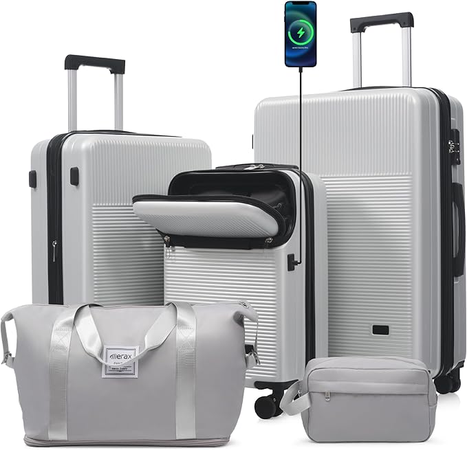 Merax Luggage Sets 5 Piece with Half-opening, Hardside 20" Carry On Suitcase Set with USB Port,Lightweight Travel 24" 28" Luggage with Bags TSA Locks Double Spinner Wheels,Silver