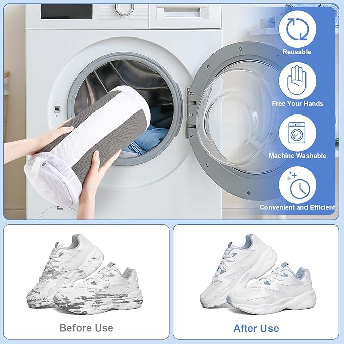 Shoe Washing Machine Bags, 2 PCS Shoe Bag for Washing Machine, 360° Wrap-Around Clean Laundry Bags Reusable Hidden Zipper Cleaning Bag for Tennis Shoes Sneaker Running Shoes, Grey