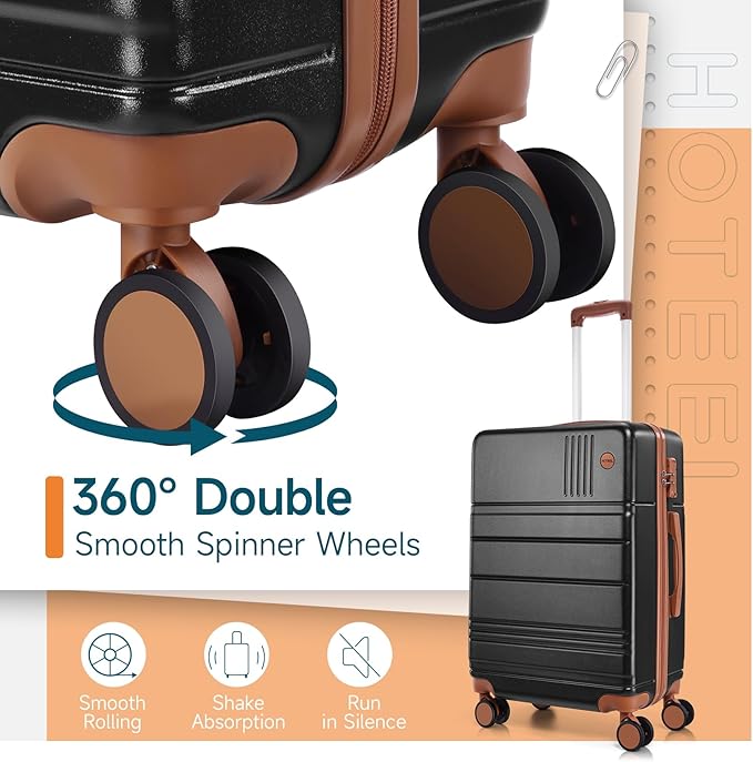 Hoteel Luggage Sets 3 Piece, 4-Year Warranty, Carry-On Luggage with Dual-Spinner Wheels, PC+ABS Hardside Suitcase Set with TSA Lock, Large Checked Travel Suitcases, Black(20/24/28)