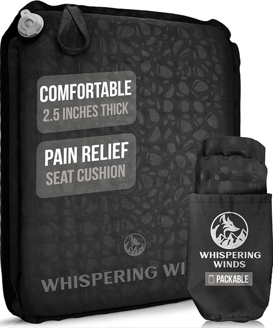 Whispering Winds Inflatable Seat Cushion - Comfortable Blow-up Foam Pad for Airplane, Travel, Stadium, Outdoors, Camping, Car & More