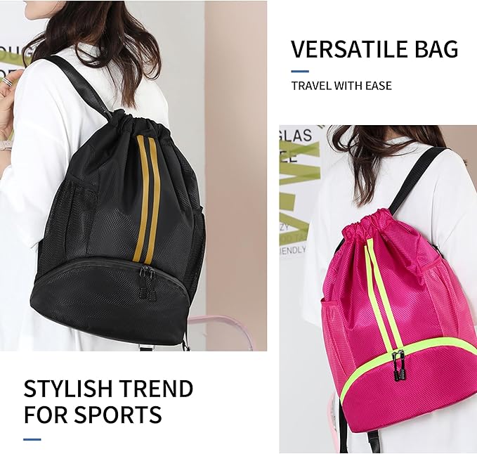 Drawstring Backpack Gym Bag with Shoes Compartment for Soccer, Basketball, Swim, Water-Resistant String Backpack Beach Cinch for Women Men, Black Gold