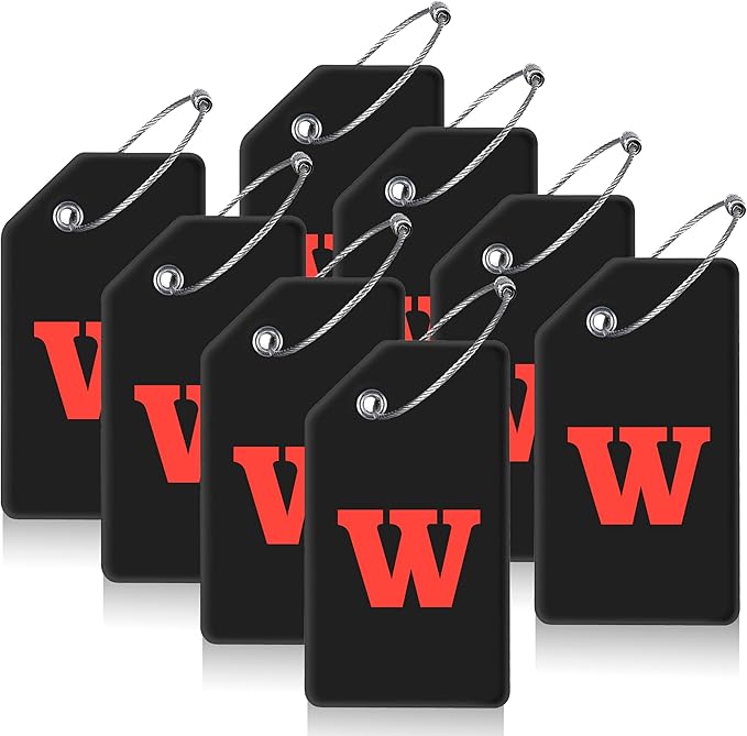 Gostwo 8 Pack Luggage Tags for Suitcases, 26 Initial Letter Travel Luggage Baggage Identification Labels ID Tags Fully Bendable Tags with Stainless Steel Loop (Letter W, Black)
