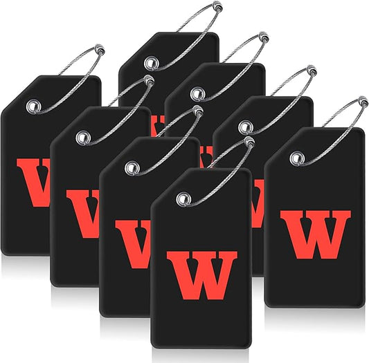 Gostwo 8 Pack Luggage Tags for Suitcases, 26 Initial Letter Travel Luggage Baggage Identification Labels ID Tags Fully Bendable Tags with Stainless Steel Loop (Letter W, Black)