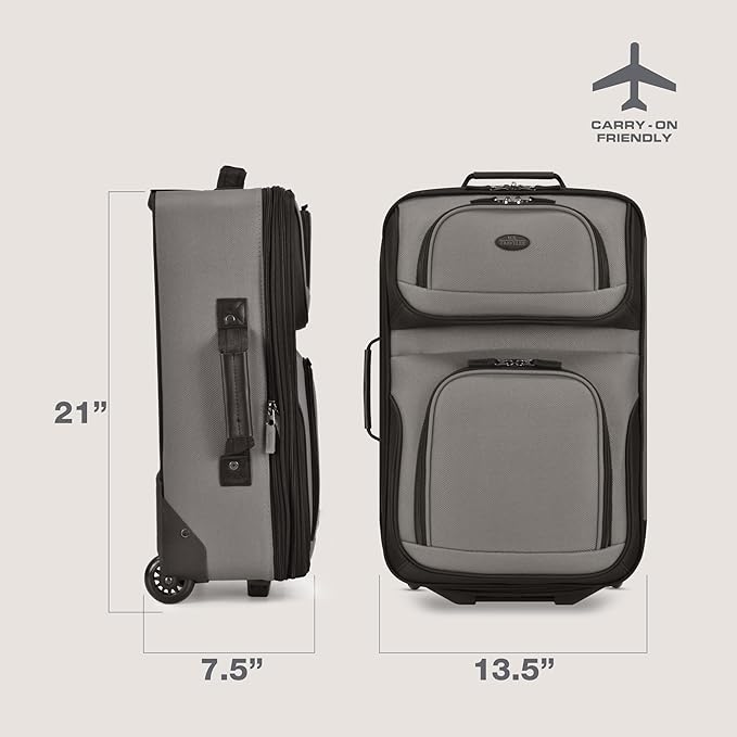 U.S. Traveler Rio Lightweight Softside Rolling Carry-on Suitcase, 2-Wheel Single, Grey