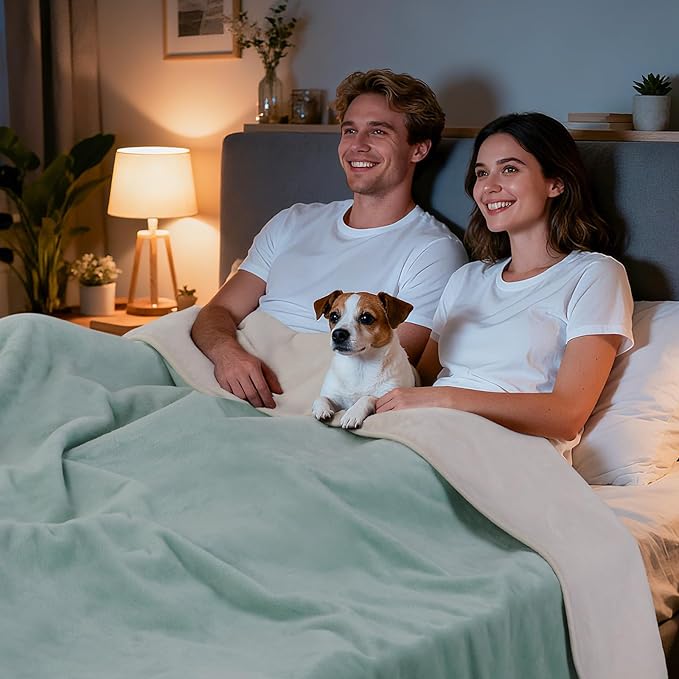 LOOBANI Waterproof Blanket for Bed: Reversible Soft Flannel King Size Bed Blanket 85" x 108", Waterproof Dog Blankets for Large Dogs, Spill-Proof Cover for Furniture Protection, Movie Time, Green