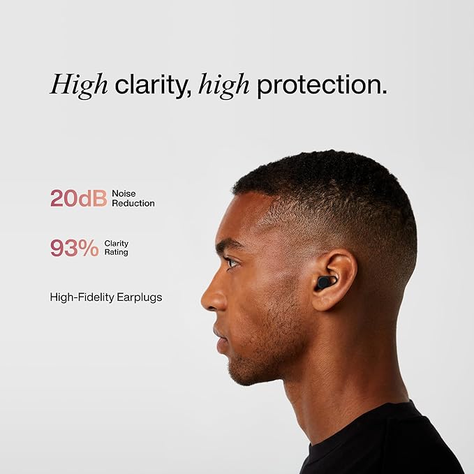 Hears One Ear Plugs for Noise Reduction - Patented Reusable Concert Earplugs, 20dB SNR Sound Reduction, Hypoallergenic for Musicians, Motorcycle and Sleeping with 4 tip Sizes - Jet Black