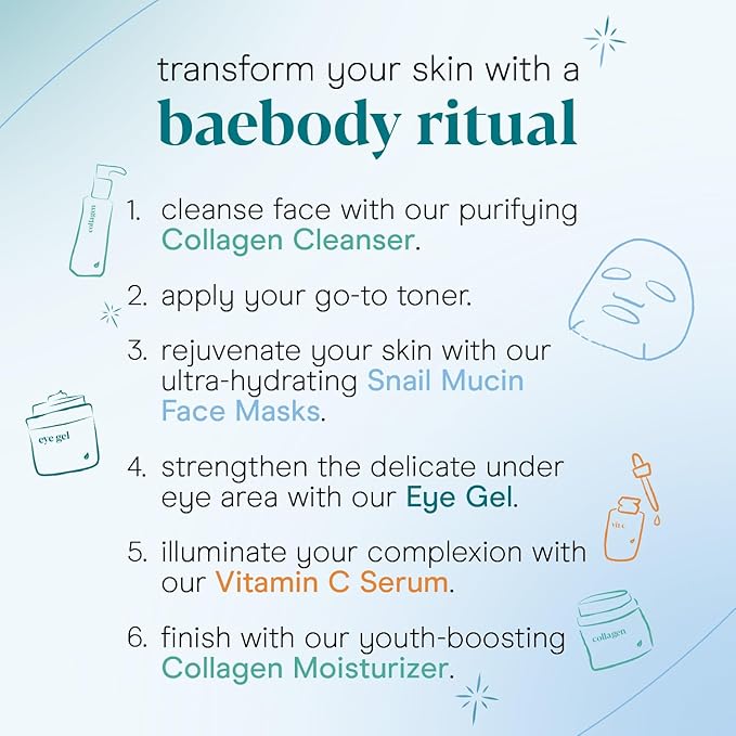 Baebody Snail Mucin Mask (6 pcs) - Hydrating Face Mask Sheet with Hyaluronic Acid - Moisturizing Face Mask for Youthful Skin - Korean Face Mask Inspired - Anti Aging Face Masks Skincare Korean