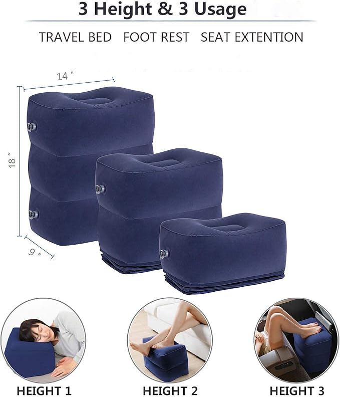 Inflatable Travel Foot Rest Pillow, Adjustable Height Leg Rest Pillow for Cars, Home, Office, Trains, Airplane, Make a Flat Bed for Baby, Kids, Toddlers, Blue, 1 Pack
