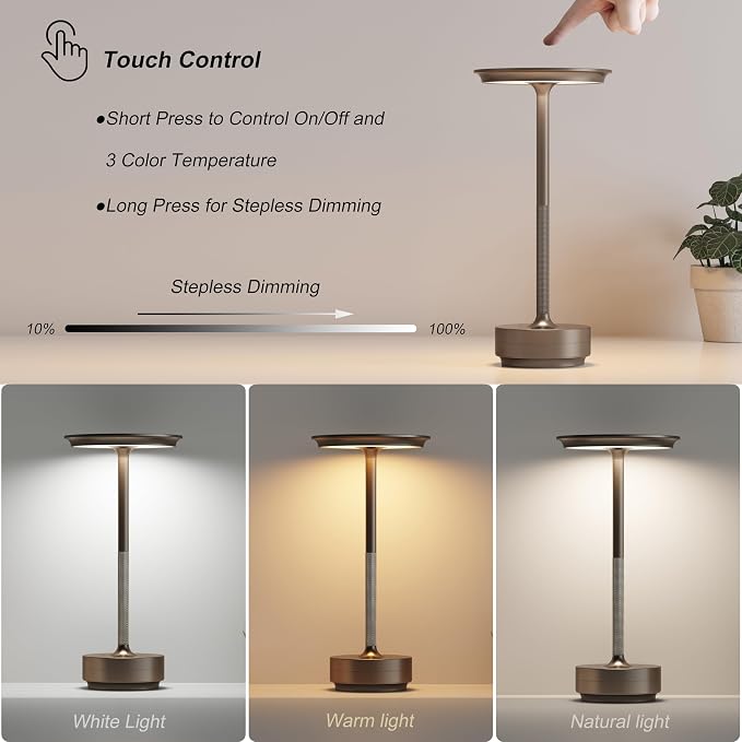 TBBGA 1 Pack Rechargeable Table Lamps Cordless, 5000mAh Outdoor Table Light | 3 Color Stepless Dimming Portable LED Table Lamp with Memory Function, for Home/Dinner/Patio/Restaurant.(Light Cafe)