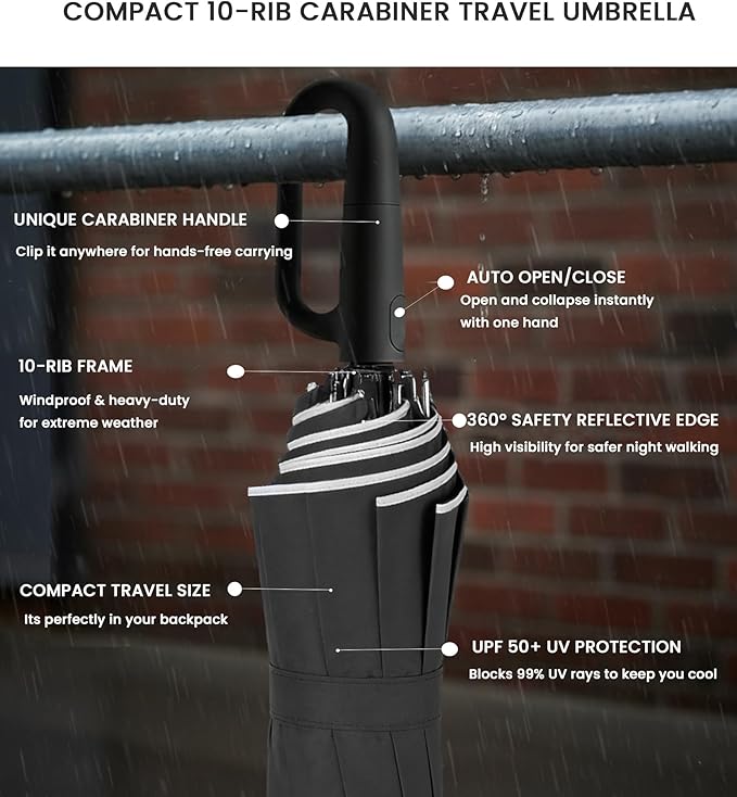 SIEPASA Travel Umbrella with Carabiner Handle - Windproof 10 Ribs Auto Open/Close for Rain & Sun Protection, Compact Portable Clip-on Backpack Design with Safety Reflective Strip.