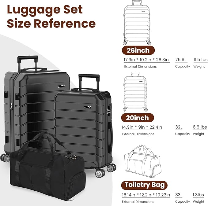 Luggage Sets 3 Piece, Hardside Carry On Suitcase with Spinner Wheels, Lightweight Durable Luggage for Travel | TSA Lock, Expandable Suitcase Set for Men and Women（20/26in） (Black)