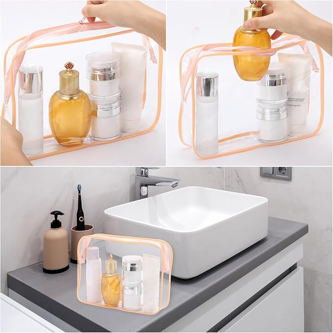 Tbestmax 10 Pack Clear Cosmetic Bags Makeup Bags Portable Waterproof TSA Approved Travel Toiletry Bags Large Organizer Peach Pink, 9.8" x 7.1" x 2.4"