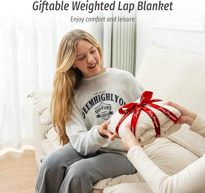 Wemore Weighted Lap Blanket 7lbs for Adults, Small Weighted Blanket for Travel, Calming, Relaxing, Napping and Sleeping, All-Season Weighted Lap Pad, Machine Washable, Beige 24x29 inches