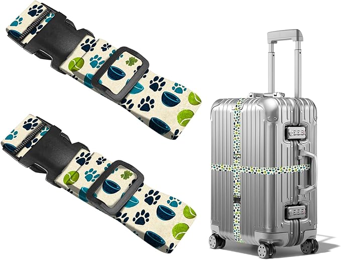 Nuxovilar Luggage Straps of 2 Set Pet Paws Bowls Tennis Balls Pattern, 1.96x90.5 inches - Luggage Straps for Suitcases, Ideal for Pet Owners, Travel, Outdoor Trips