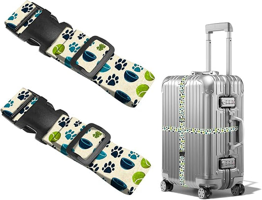 Nuxovilar Luggage Straps of 2 Set Pet Paws Bowls Tennis Balls Pattern, 1.96x90.5 inches - Luggage Straps for Suitcases, Ideal for Pet Owners, Travel, Outdoor Trips