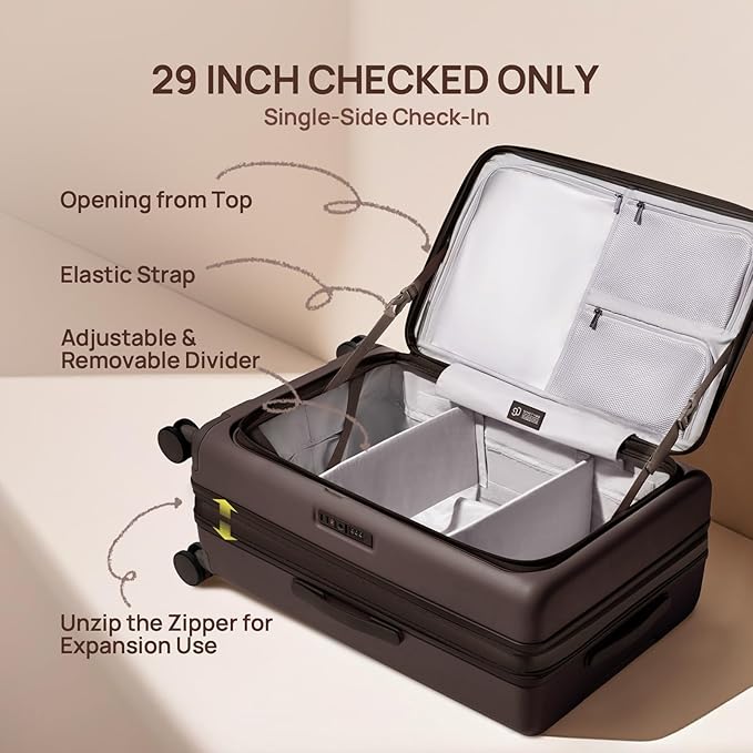 NINETYGO Large Checked Luggage 29 Inch, Flat Top Opening Check In Luggage with Brake Wheels, Expandable, Coffee-Infused PC Hard Shell, Eco-Friendly, TSA Lock, 360° Spinner Wheels (Latte)