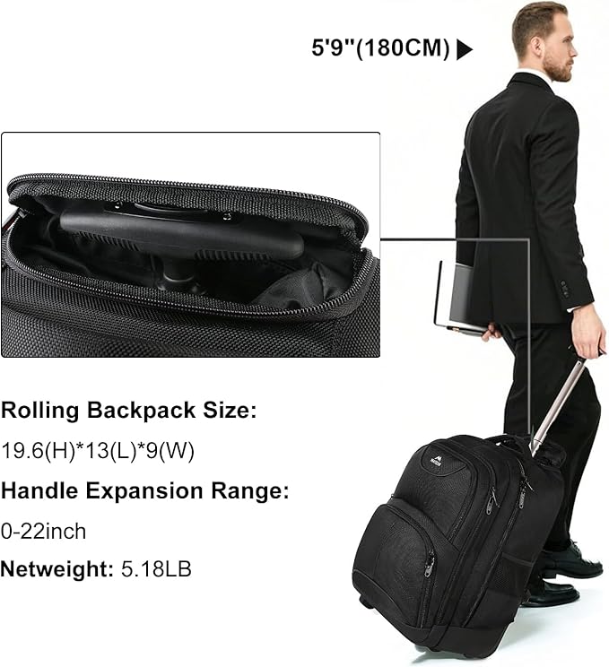 MATEIN Rolling Backpack, 17 inch Water Resistant Wheeled Laptop Backpack, Carry on Luggage Business Bag, Overnight College Computer Bag Trolley Suitcase for Men Women Adults to Travel, Black